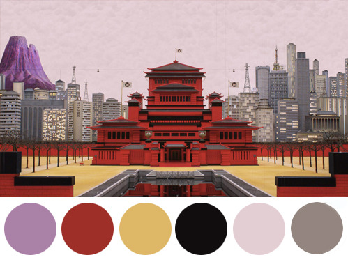 Reference: symmetrical red palace with a muted mauve-and-gold palette and one saturated red outlier